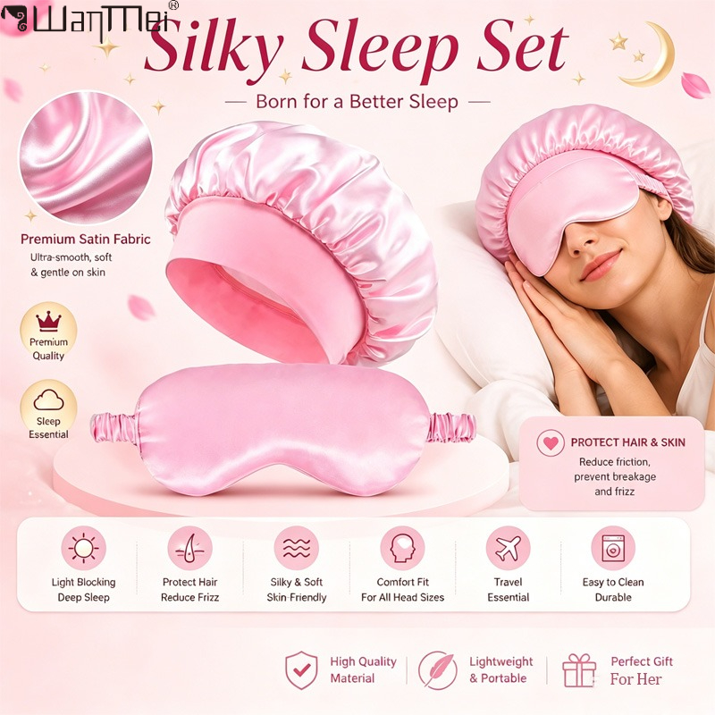 Hair Care Kit - ﻿ サテンボンネット睡眠アイマスクセット、幅広ゴムバンドシルクヘアボンネット、女性用ヘアケアナイトスリーピング用ソフト遮光アイマスク