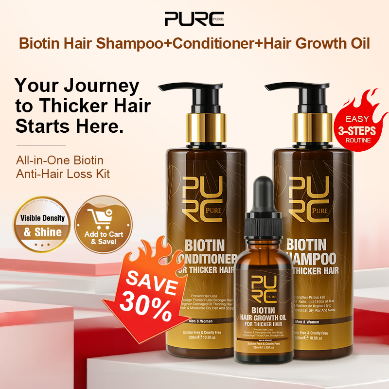 Keratin Treatment Set - PURC ビオチン育毛オイルシャンプーコンディショナーセット ケラチンスムージング 育毛剤 男女兼用 ヘアケア製品
