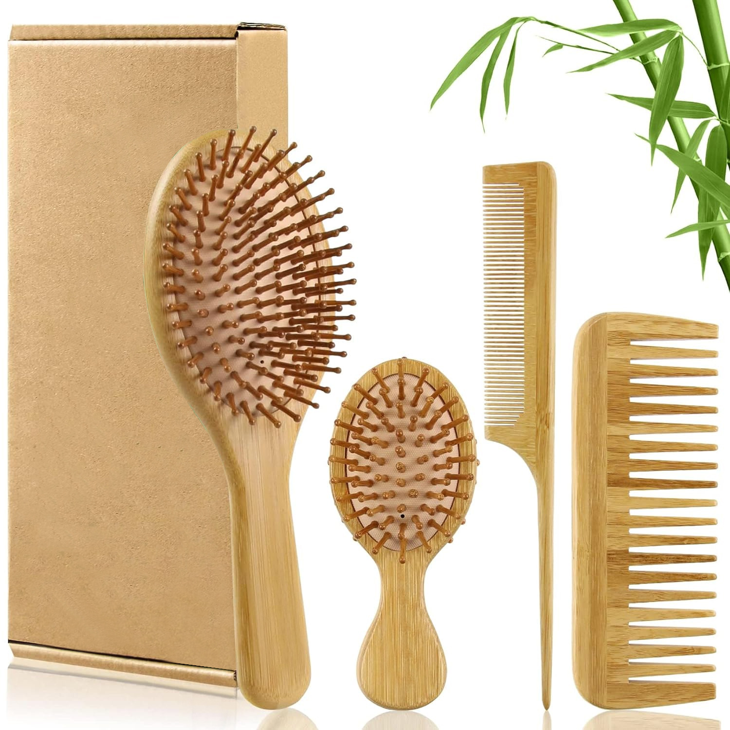 Hair Care For Men - 竹製ヘアブラシ＆コームセット（男女兼用）、木製ワイドトゥースブラシとテールコーム - 濡れた髪や乾いた髪、巻き毛用のパドル型デタングリングブラシ